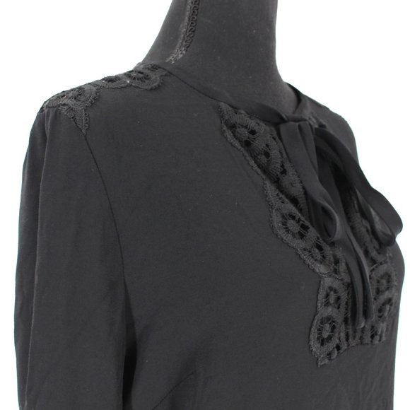 Sandro Paris Black Crepe Lace Trim Shoulders Neckline Tie Shift Mini Dress 2 - Picture 2 of 8